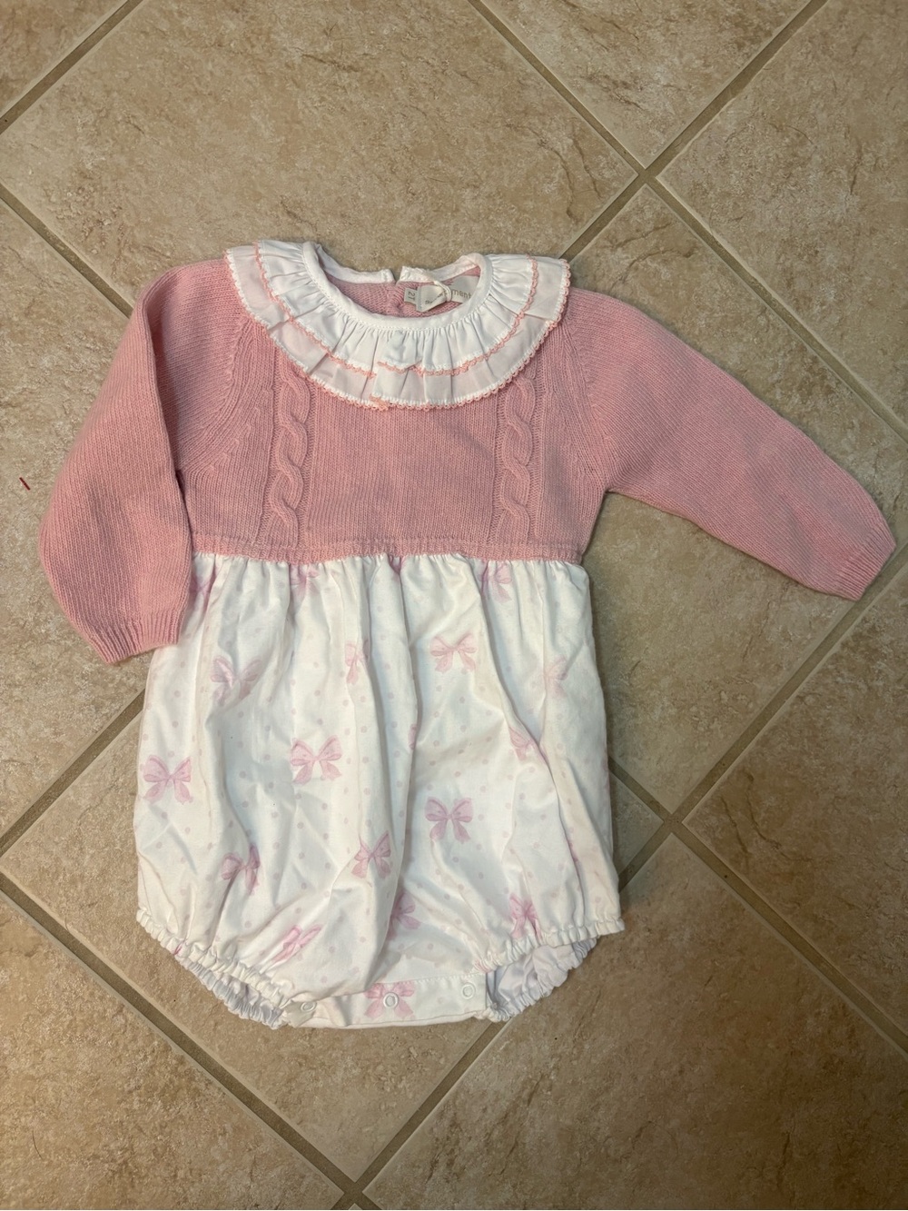 Sal & Pimenta pink knit and bow-patterned baby bubble romper 2t